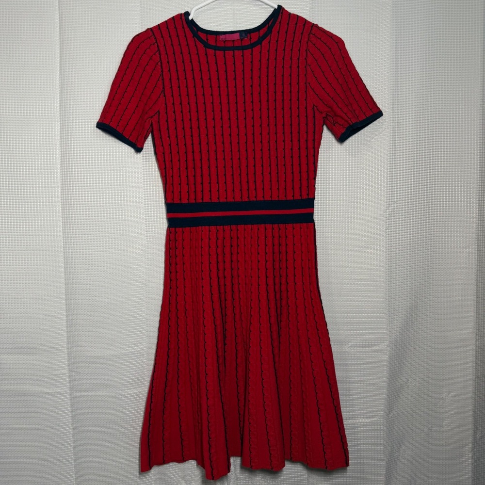 Ava Knit‎ Skater Dress S Red Navy Blue Striped Short Sleeve Fit Flare AD-0115